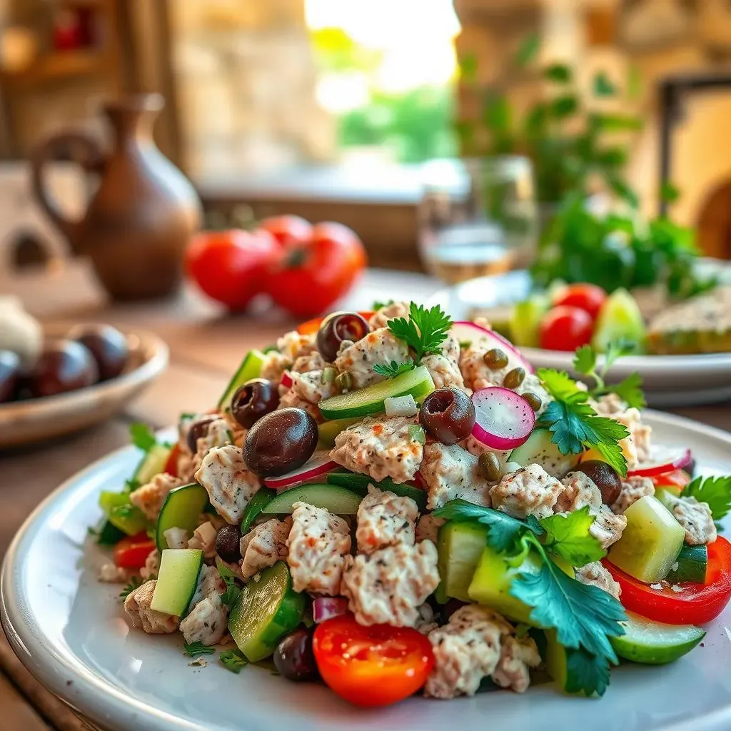 Mediterranean Tuna Salad Ingredients and Zesty Dijon Dressing